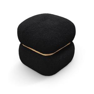 Puf cuadrado en tejido efecto lana negro y aro de madera