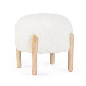 Puf de tela blanca efecto bouclé y patas de madera de cauch…