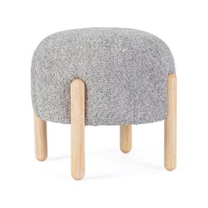 Puf de tela gris claro con efecto bouclé y patas de madera…