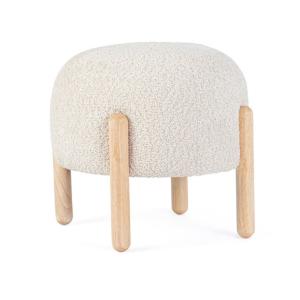 Puf de tela natural efecto bouclé y patas de madera de cauc…