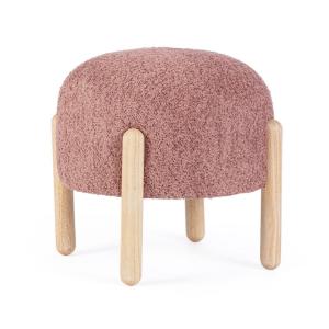 Puf de tela rosa oscuro efecto bouclé y patas de madera de…