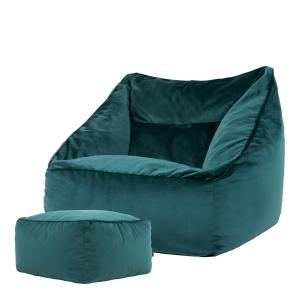 Puf sillón con reposapiés cuadrado de terciopelo pato azul