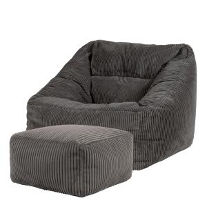 Puf sillón con reposapiés cuadrado en pana gris antracita