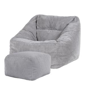 Puf sillón con reposapiés cuadrado en pana gris claro