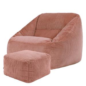 Puf sillón con reposapiés cuadrado en pana rosa