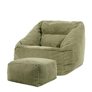 Puf sillón con reposapiés cuadrado en pana verde salvia