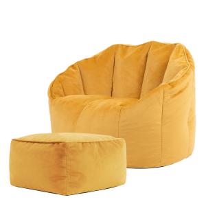 Puf sillón con reposapiés de terciopelo amarillo ocre