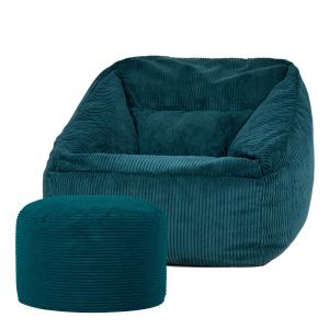 Puf sillón con reposapiés redondo de pana azul pato