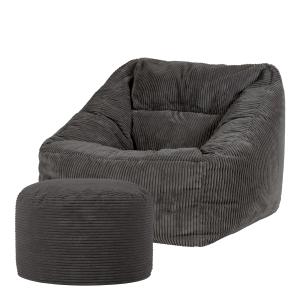 Puf sillón con reposapiés redondo de pana gris antracita