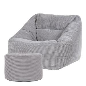 Puf sillón con reposapiés redondo de pana gris claro