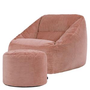 Puf sillón con reposapiés redondo de pana rosa