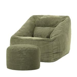 Puf sillón con reposapiés redondo de pana verde salvia