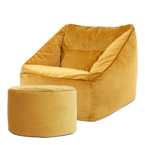 Puf sillón con reposapiés redondo terciopelo amarillo ocre