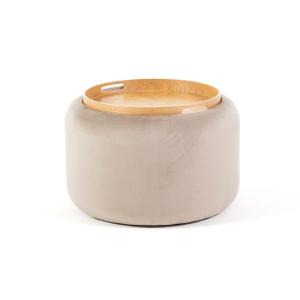 Puff baúl terciopelo beige con tapa madera