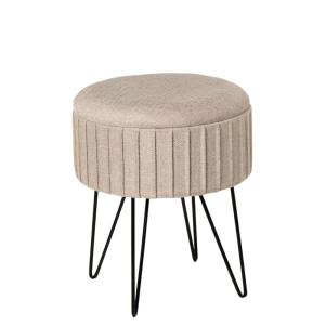 Puff circular de tejido beige con patas de metal negro y co…
