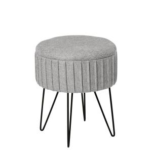 Puff circular de tejido gris con patas de metal negro y com…