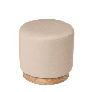 Puff circular tapizado beige con base de madera natural cha…