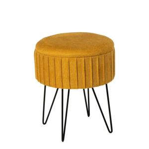 Puff circular tejido mostaza con patas de metal negro y com…