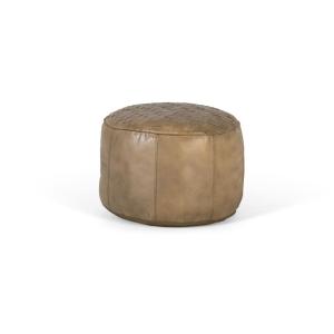Puff redondo tapizado en piel natural color beige