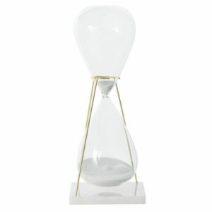 Reloj de arena blanca de vidrio y metal dorado