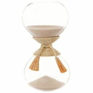 Reloj de arena color beige de cristal con accesorio de rafia