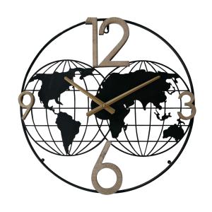 Reloj moderno en metal tallado mapa del mundo negro y beige…