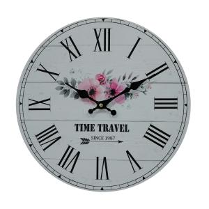 Reloj redondo de madera negro, blanco y rosa con tema flora…