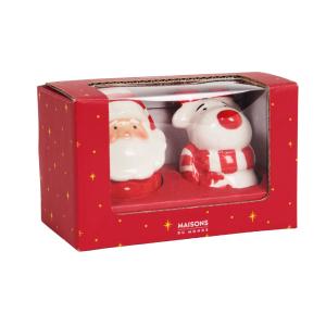 Salero y pimentero con Papá Noel y reno de porcelana blanca…