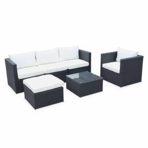 Salón de jardin, rattan sintetico, negro crudo, 5 plazas