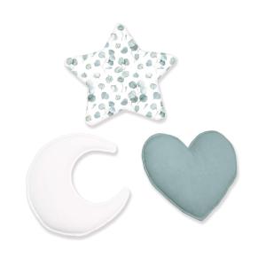 Set 3 cojines (luna, estrella, corazón) estampado eucalipto