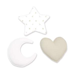 Set 3 cojines (luna, estrella, corazón) estampado hojas bei…