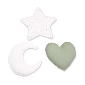 Set 3 cojines (luna, estrella, corazón) verde-oliva