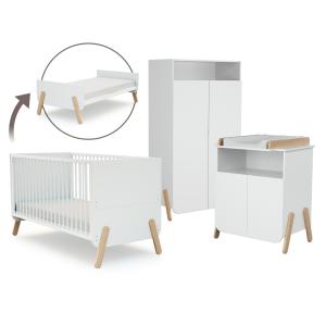 Set cama bebé, cambiador y armario en madera blanco y haya