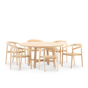 Set comedor 6 pl mesa madera redonda d150 con butaca