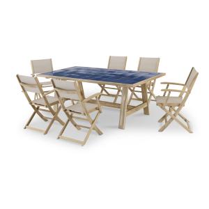 Set comedor jardin madera y cerámica azul 205x105   6 silla…