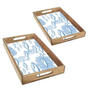 Set de 2 bandejas peces madera azul 5x28x43cm