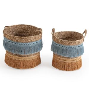 Set de 2 cestas de fibra natural con asas, azul/naranja