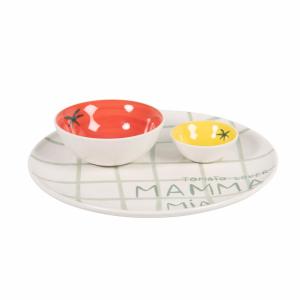 Set de 2 cuencos y plato de cerámica blanco, verde, rojo y…