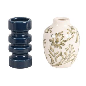 Set de 2 jarrones de gres blanco y hojas verdes y vidrio az…