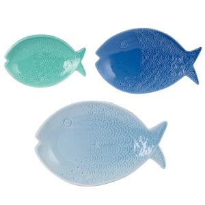 Set de 3 bandejas de bandeja pez cerámica azul 3x17x27cm