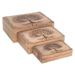 Set de 3 cajas arbol de vida madera marrón 9x18x25cm