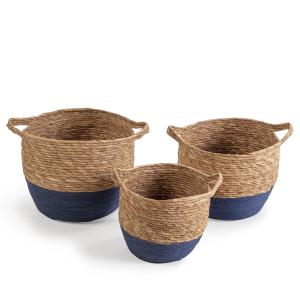 Set de 3 cestas de fibra natural con asas, azul/natural