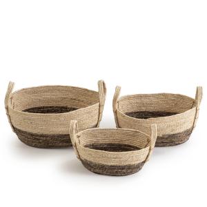 Set de 3 cestas de fibra natural con asas, blanco/marrón