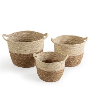 Set de 3 cestas de fibra natural con asas, blanco/natural