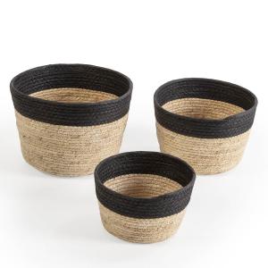 Set de 3 cestas de fibra natural y papel, negro/beige