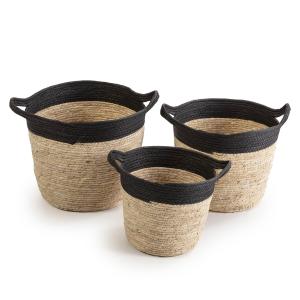 Set de 3 cestas de fibra natural y papel, negro/beige con a…