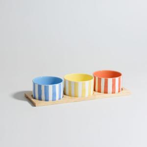 Set de 3 cuencos de aperitivo de cerámica a rayas y bandeja