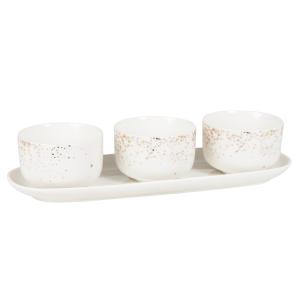 Set de 3 cuencos de porcelana blanca y dorada y bandeja bla…