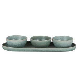 Set de 3 cuencos para aperitivo de gres verde y bandeja