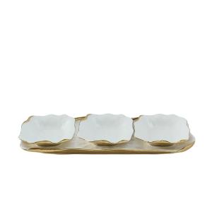 Set de 3 cuencos sobre bandeja de porcelana blanca con bord…